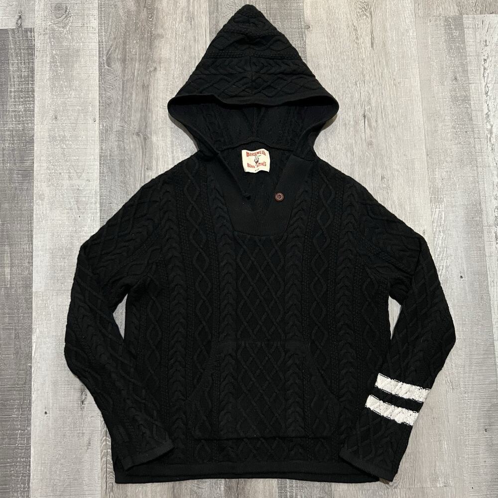VTG Birdwell Beach Britches M Black Hooded Sweater Baja Fisherman Cable Knit